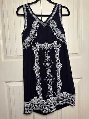 Anthropologie THML Women’s Sleeveless V Neck Dress Black White Embroidery Med